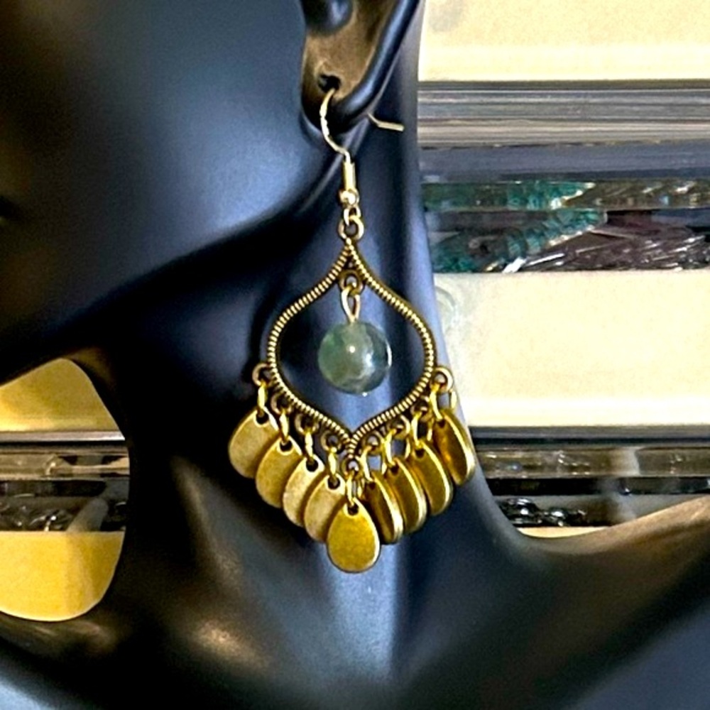 Handmade Antique Bronze Golden Drop & Gemstone Pendant Earrings